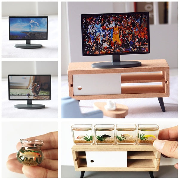 1:12 Dollhouse Mini TV-TV Cabinet-Fish Tank Miniatures Modem Dollhouse Furniture Accessories Kids Toy
