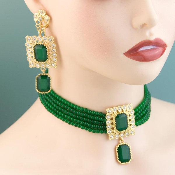 Chic Gold Color Arabic Bridal Jewelry Sets For Women Morocco Beads Chain Choker Necklace Square Crystal Drop Earring