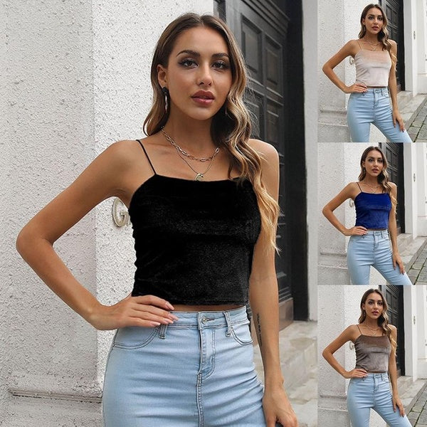 Fashion Velvet Tank Top for Women Summer Casual Sleeveless Tops Sling Short Tops Ladies Backless Tops