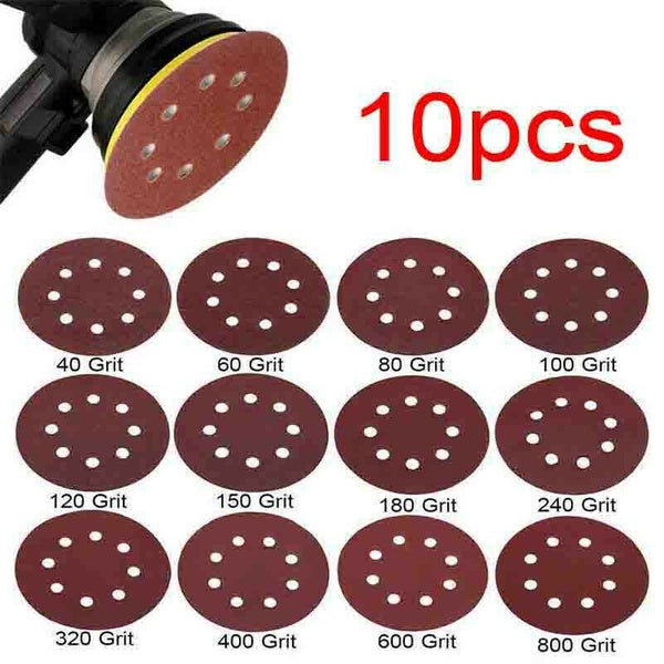 Disques de ponçage 10 x 5 "à 8 trous avec boucle à crochet, papier de verre grain 40-80-120-240-320-600-800
