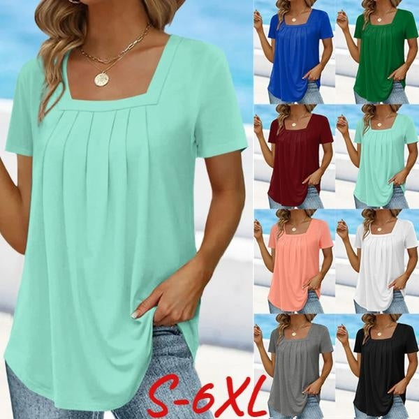Womens Fashion Plus Size Clothing Summer Tops for Woman Casual Short Sleeved T-shirts Solid Color Pleated Blouses Ladies Loose Cotton Shirts