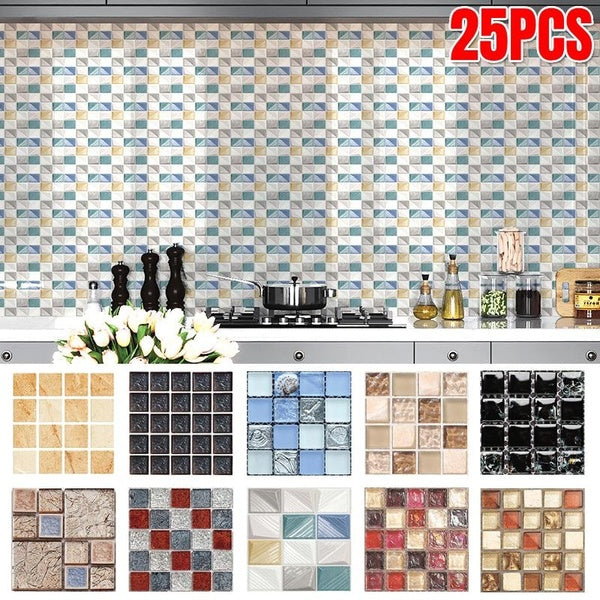25PCS Waterproof Mosaic Tile Stickers Self Adhesive Peel and Stick Tiles Backsplash DIY Bathroom Kitchen Wall Sticker Wall Decor