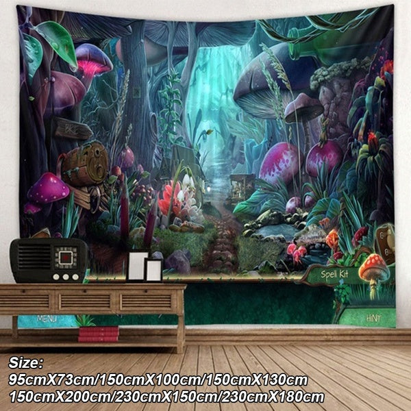 3D Plant Magical Forest Mushroom Castle Tapestry Fantasy Wall Psychedelic Nature Tree Green Plants In Forest Spring Scenery Tapestry Bedroom Living R