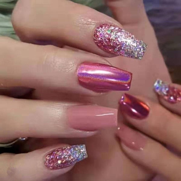 Fake Nails Art French Coffin False Nail with Glitter Design Short Ballerina Fake Nail Press On Nails Manicure Patches