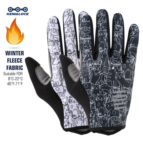 KEMALOCE Cycling Gloves Winter Full Finger Men & Women Motorcycle MTB Gloves White & Black Fleece Thermal Fabric Bike Mittens