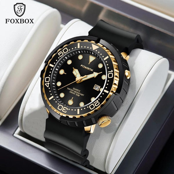 FOXBOX New Watch for Men Fashion Silicone belt Chronograph Sport Wristwatch 50M Waterproof Luminous Male Clocks Fashion Golden Watches Relojes Hombre