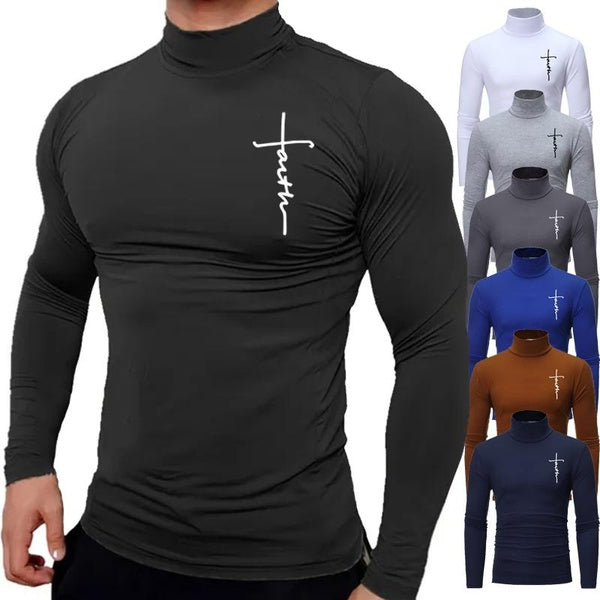 New Fashion Mens High Collar Long Sleeve T Shirt, Men's Fitness Workout Shirt Gym Training Tops Muscle Tees, Faith Graphic Tee 7 Colors