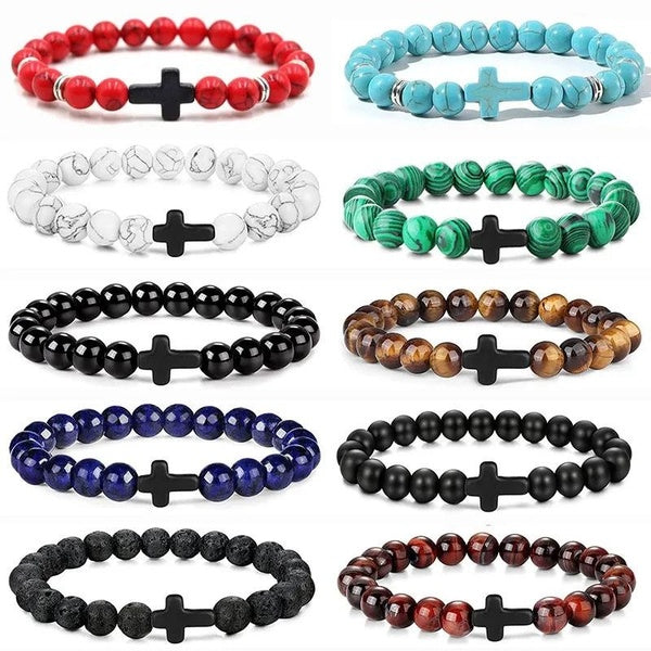 Cross Men's Bead Bracelet Tiger Eye Stone White Pine Obsidian White Release Bracelet Agate Meditation Bracelet Women's Yoga Jewelry