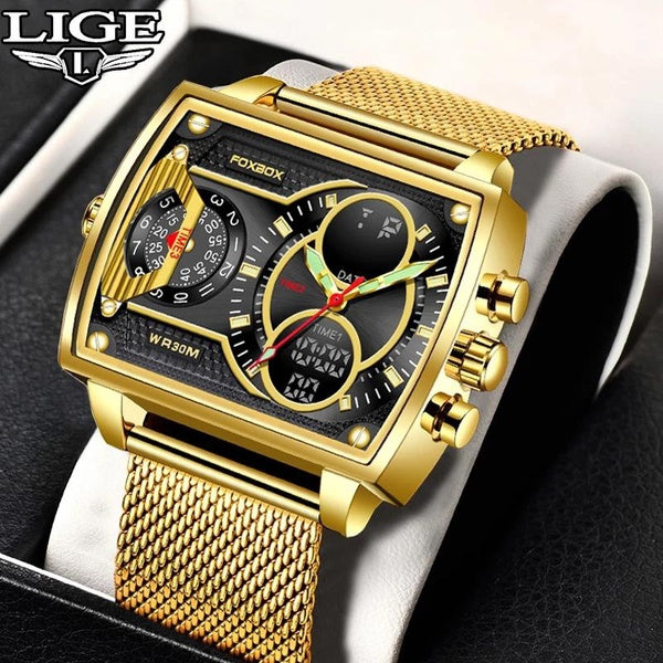 2023 LIGE FOXBOX New Watches For Men Luxury Original Gold Quartz Clock Sports Waterproof Steel Band Wrist Watch Quartz Clock Gift Relogio Masculino