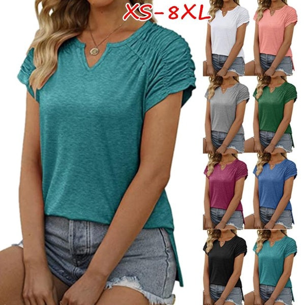 XS-8XL Womens Fashion Summer Tops Casual V Neck T-Shirts Short Sleeve Shirts Ladies Fashion Solid Color Blouses Pleated Elastic Sleeve Loose T-Shirt