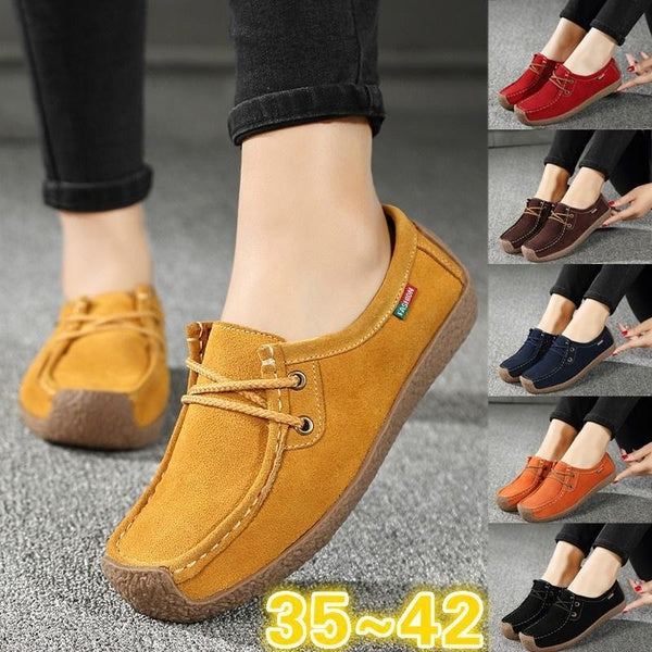 New Women Fashion Casual Loafers Ladies Hand-sewn Suede Flats Shoes Slip on Walking Shoes Size:35~42