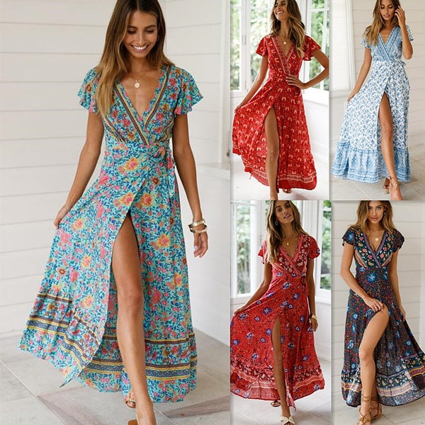 Fashion Womens Maxi Dresses New Arrival Ladies Short Sleeve V-Neck Floral Print Loose Chiffon Big Swing Bohemian Dress(10 Colors)
