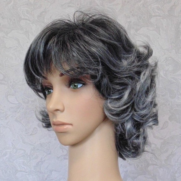Short Fluffy Layered Curly Salt & Pepper High Heat Ok Full Synthetic Wig - 4005