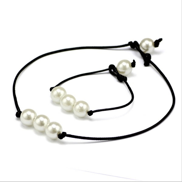 Pearl Jewelry Set 1pcs Women Fashion Choker Pearl Necklace With 1pcs Pearl Bracelet Jewelry Leather rope imitation pearl Delicate simple European and