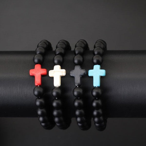 Bracelet de perles en onyx givré pour homme et femme, croix colorée, guérison, yoga, laiton, corde noire, obsidienne, bijoux pour couple, cadeau