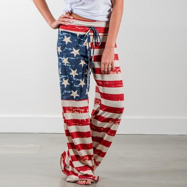 Women Striped Pants Fashion American Flag Drawstring Wide Leg Pants Independence Day Casual Leggings Loose Trousers
