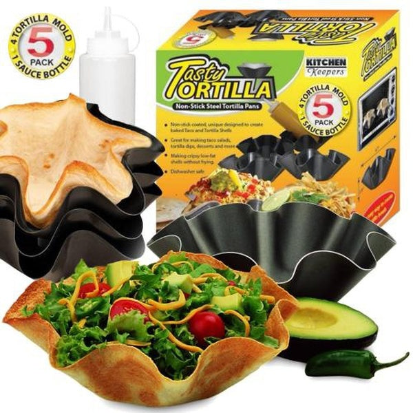 Tasty Tortilla Non Stick Steel Tortilla Pans, 4 Tortilla Mold and 1 Sauce Bottle 8 oz