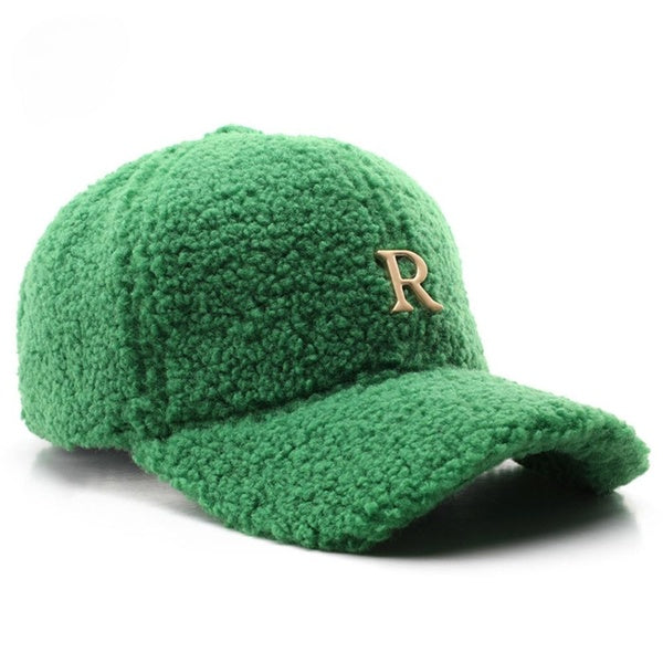 Winter Green Lambswool Baseball Caps For Men Warm Women Hat Travel Windproof Face Cap Gold Letter Hats