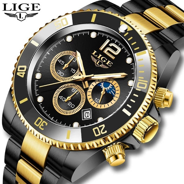 LIGE mode noir or horloge haut marque de luxe en acier inoxydable étanche montres à Quartz hommes Sport chronographe montre-bracelet homme
