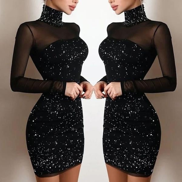 Women's Fashion Glitter High Neck Contrast Mesh Bodycon Dresses Long Sleeve Party Dress Plus Size