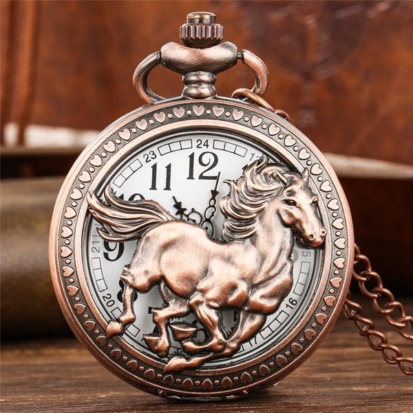 Montre de poche analogique à Quartz pour hommes et femmes, boîtier de cheval ajouré en or Rose Antique, avec collier et chaîne à pendentif
