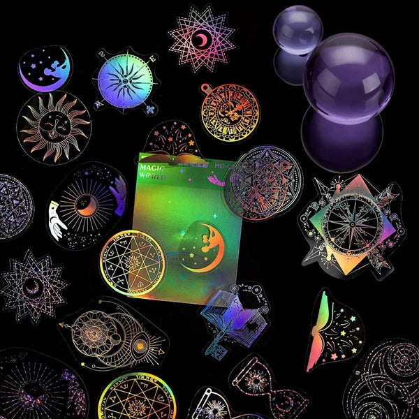 （7 styles）Holographic Glitter Magic Witch moon Stickers Vintage Sticker Decorative PET Transparent Stickers Decals Self-Adhesive Waterproof Stickers