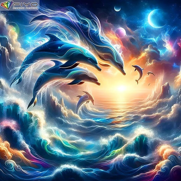 FIYO DIY 5D Dolphin Diamond Painting Kit for Adults, Full Drill Diamond Painting, Diamond Art Canvas Crafts Cross Stitch Crystal Embroidery Home Wall