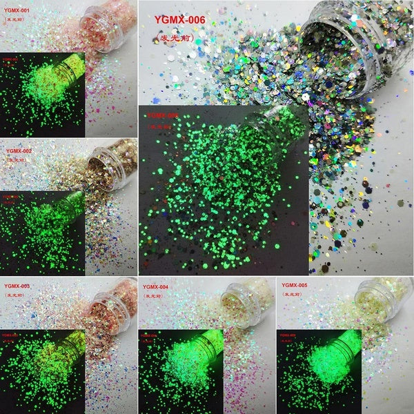 Glowing Luminous Colorful Light in the Dark Photoluminescent Phosphor Chunky Nail Glitter Mix Sequin Shape Powder for DIY Makeup Nail Art Crafts Face