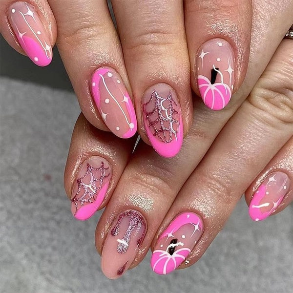 24Pcs Girls Pink Press on Nails Almond Halloween Party Fake Nails Tips Spider Web Star Designs Reusable Full Cover False Nails