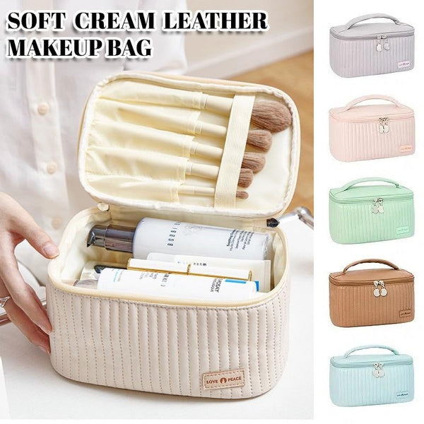 Dual Zipper Soft PU Leather Makeup Bag, Waterproof Travel Cosmetic Bag with Makeup Brush Holder Layer, Women Makeup Brush Cosmetic Organizer Bag Toil