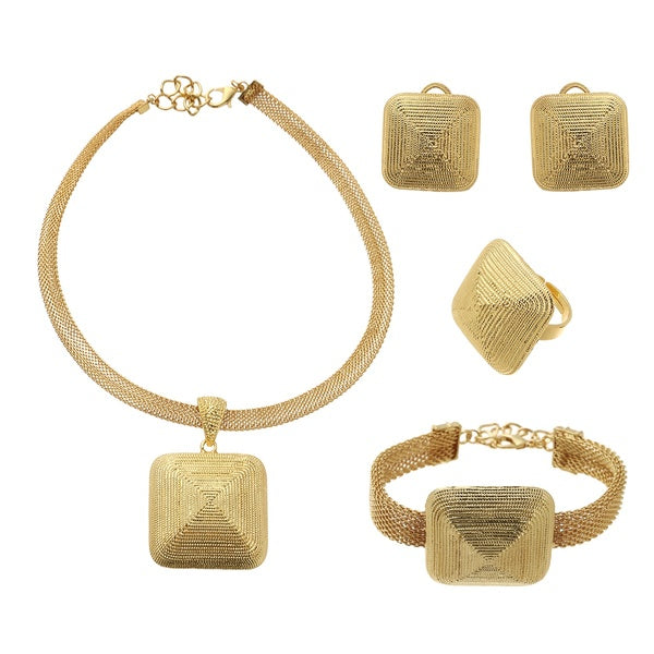 Dubai Gold 24K Jewelry Set for Women African Bridal Wedding Gift Party Necklace Square Earrings Ring Bracelet Jewellery Set