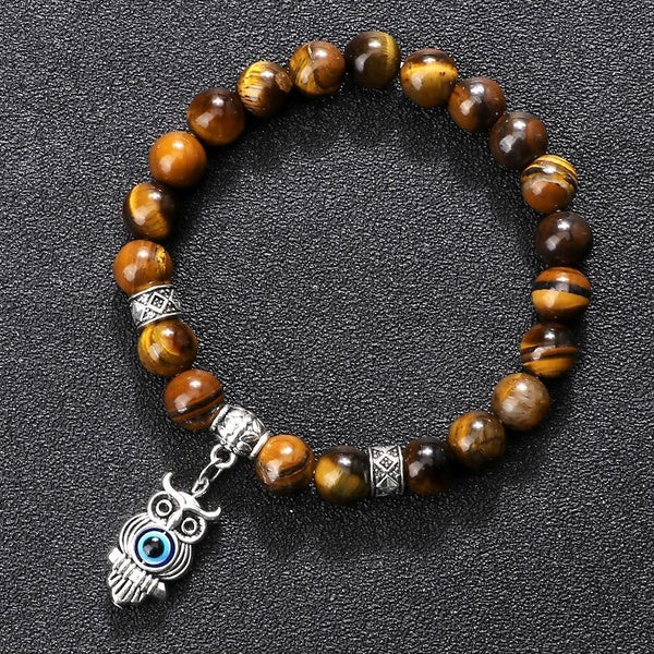 8mm Chakra Beads Bracelets Men Charm Owl Evil Eye Pendant Classic Tiger Eye Stone Energy Natural Stone Bracelet Lovers Casual Jewelry Women Yoga