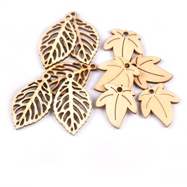 20pcs Natural Leaf-leaves Pattern Wood Craft Scrapbooking Wooden Ornaments DIY For Home Decoration Handmade Embellishment MT1874