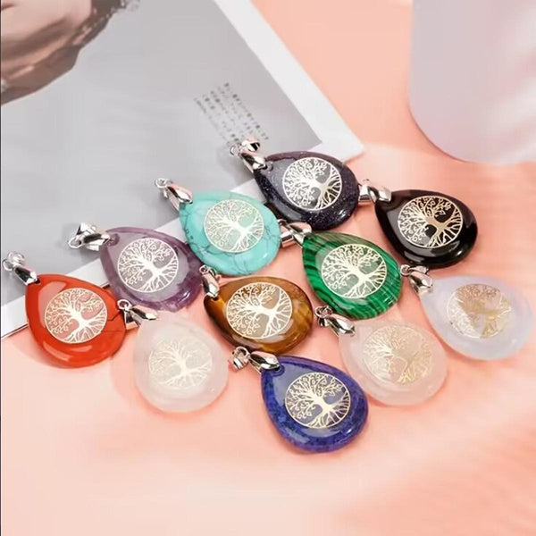 Collier en acier inoxydable avec pierre naturelle de guérison des 7 chakras, ficelle, arbre de vie, pendentif en cristal, esprit Reiki, gemme à quart