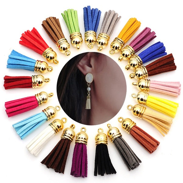 10pcs-lot multicolor mixed Suede Tassel For Keychain Cellphone Straps Charms 38mm Full Leather Tassels gold-color Caps randomly