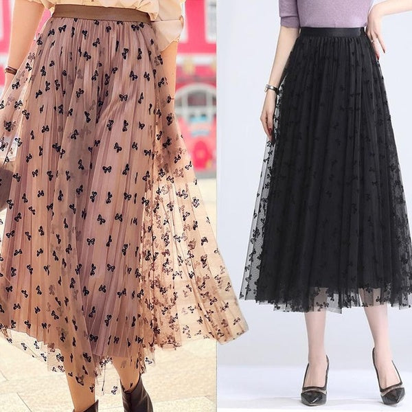 Womens Bow Tulle Midi Skirts High Waist A Line Pleated Knee Length Long Skirts Ladies Summer Casual Elegant Maxi Skirts
