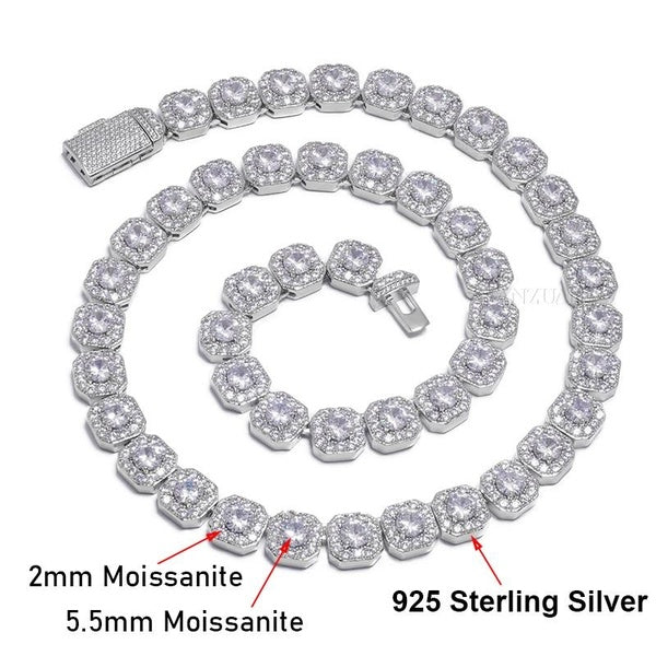 10mm 18inch Hip Hop Square Rock Sugar Chain Iced Out Tennis Cuban Chain Moissanite Necklace Bracelet for Men Women Fashion Jewelry