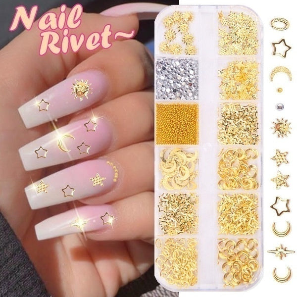 12 Grid Mixed Style Nail Art Moon star Gold Metal Rivet Studs 3D DIY Charm Decoration Accessories