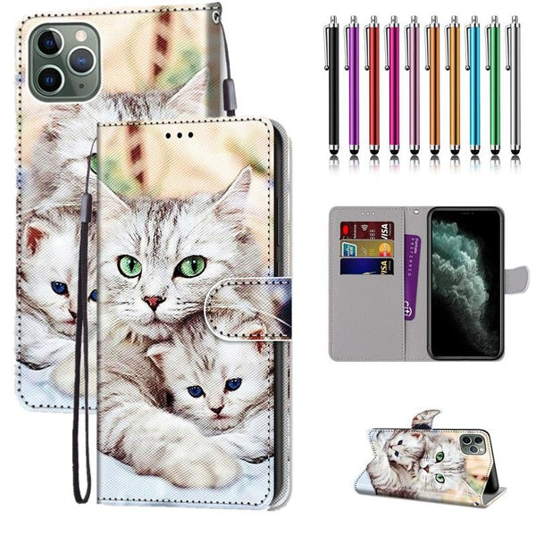 Grand chat étreignant chaton motif PU cuir portefeuille Style étui à rabat avec porte-carte Protection étui pour téléphone portable avec stylet pour