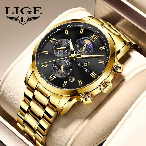 LIGE Montres pour hommes Montre à quartz avec phase de lune Bracelet en acier inoxydable Chronographe Calendrier Lumineux Montre-bracelet à six aigui