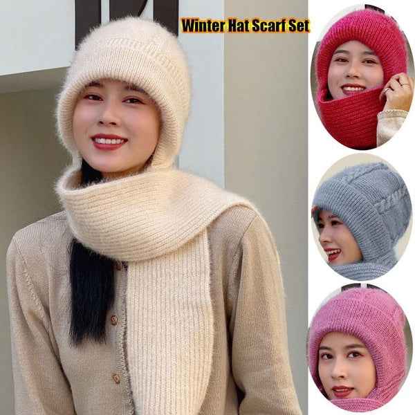 Fashion Winter Hat Scarf Set Warm Skull Bonnet Windproof Outdoor Sports Knitting Hooded Shawl Hat Beanies Caps For Women