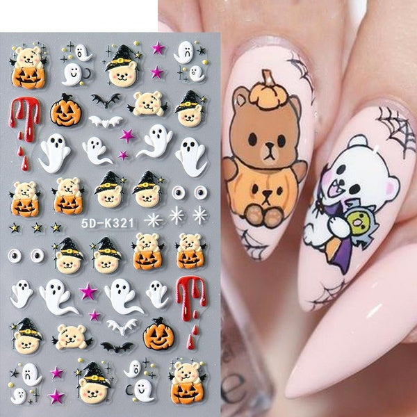 5D Halloween Golden Glitter Pumpkin Nail Stickers Decals Ghost Spider Web Clown Bone Nail Art Gel Sliders Embossed Manicure Deco