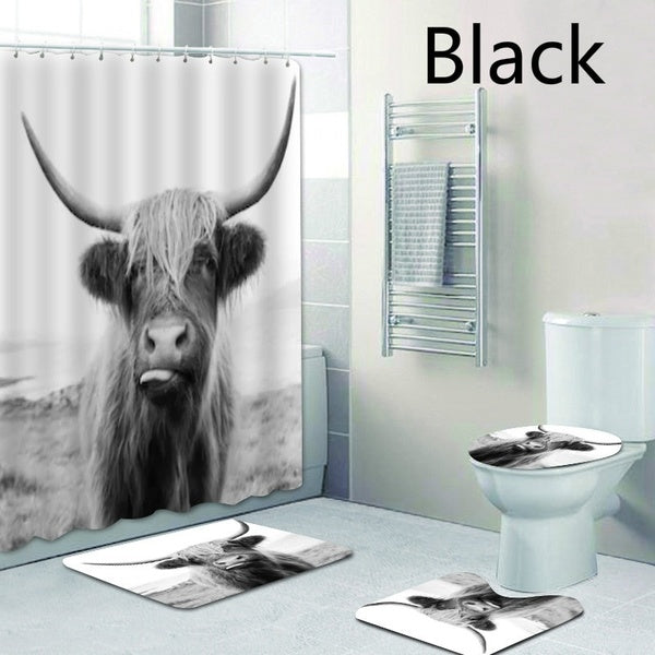 Primitive Style Yak Shower Curtain Toilet 3D Black and White Highland Cow Shower Curtain Bathroom Curtains and Bath Mat Set for Toilet Bathtub Wild L
