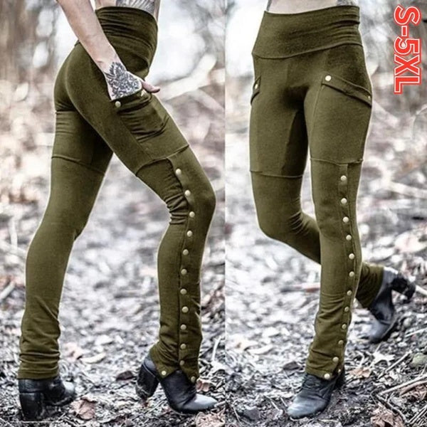 Fashionable and Handsome Women's Rivet Split Design Small Leggings Slim Fit Elastic Pocket Decorative Pencil Pants