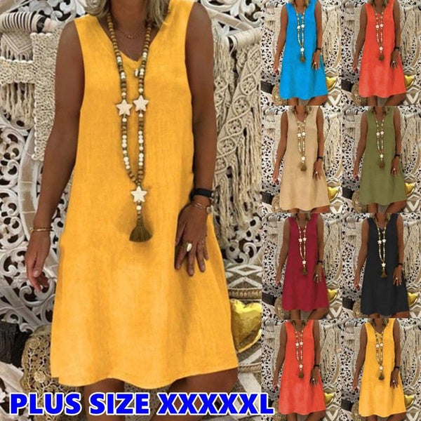 2023 Summer Fashion Women Plus Size Loose Dress Solid Color Sleeveless Cotton and Linen Tank Dress Casual V Neck Shirt Dress for Ladies