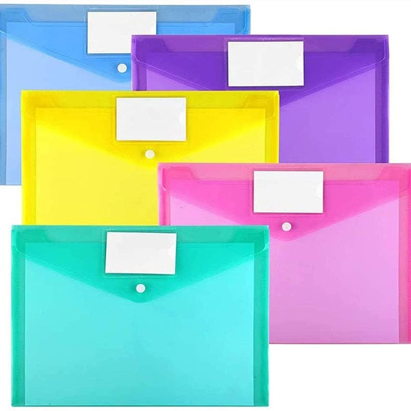 10 Pack Plastic Envelopes Poly Envelopes, Clear Document Folders A4 Size File Envelopes with Label Pocket & Snap Button for Home Work Office Organiza