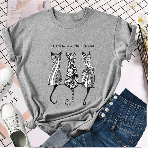 It's Ok To Be A Litter Different Print Crew Neck T-shirt Casual Loose Short Sleeve Fashion Summer T-Shirts Women Cute Cat Tops