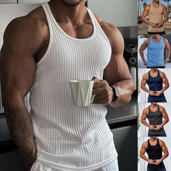 New Summer Europe and America Fashion Men Sleeveless Tank Tops Casual Knitting Body-building Slim Fit Vest Top Male Cool Solid Color Fitness Sports T