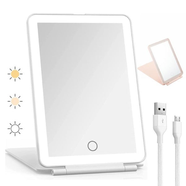 LED Travel Makeup Mirror, 3 Colour Light Dimmable USB Rechargeable Portable Compact Vanity Mirror, Cosmetic Mirror with Lights, Perfect for Travel,