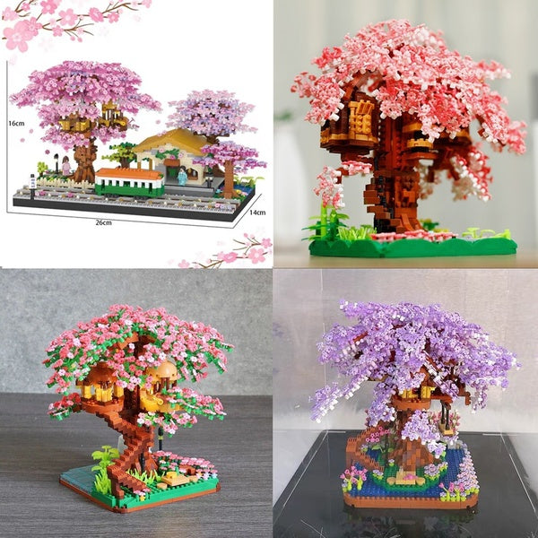 Architecture Purple Pink Sakura Tree House Swing Flower Garden Train Station Mini Diamond Blocks Bricks Building Toy for Children Gift no Box